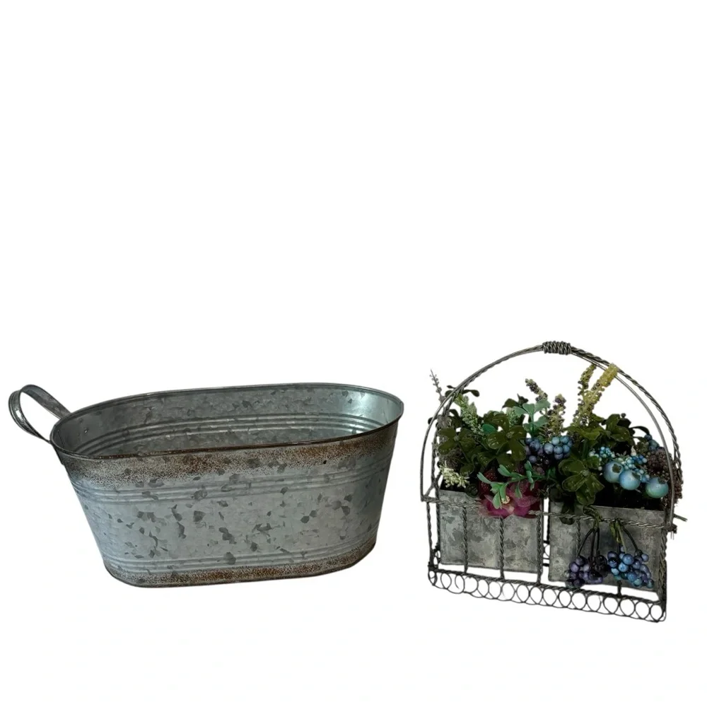 Aged Galvanized Oval Metal Bucket & Handled Floral Basket Set